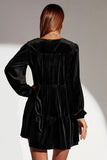 V-Neck Puff Sleeve Velvet Tiered Babydoll Dress